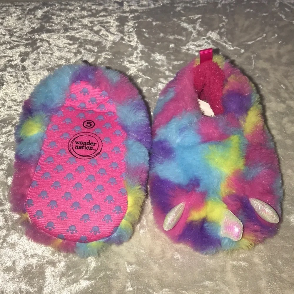 NWOT Kids monster multi colored furry slippers